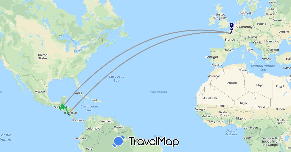 TravelMap itinerary: driving, bus, plane, hiking, boat in Belize, France, Guatemala, Honduras, Nicaragua, United States (Europe, North America)